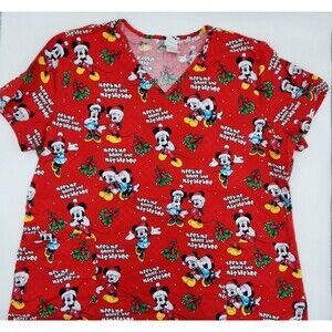 Disney Minnie Mickey Mouse Meet Me Under Mistletoe Womens Scrub 2X/2XG Christmas